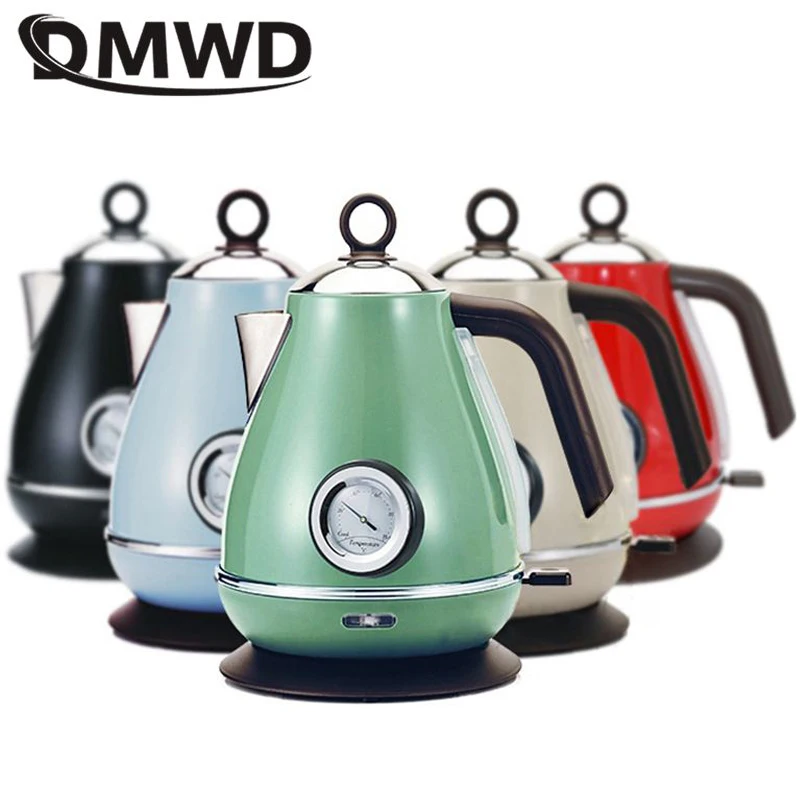 DMWD 1.7L Retro Electric Kettle Household Water Boiler Mini Coffee Pot Heater Stainless Steel Coffee Pot With Temperature Meter