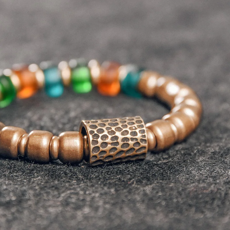 Reiki Coloured Glaze Beads Mixed Bracelet Hammered Copper Charm Chakra Healing Protective Boho Nepal  Jewelry Gift