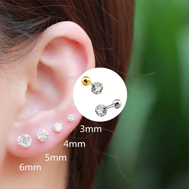 1Pair/2Pcs Small Round Cz Tragus Cartilage Stainless Steel 16G 4 Prong Ear Stud Earrings Tragus Helix Piercing Jewelry