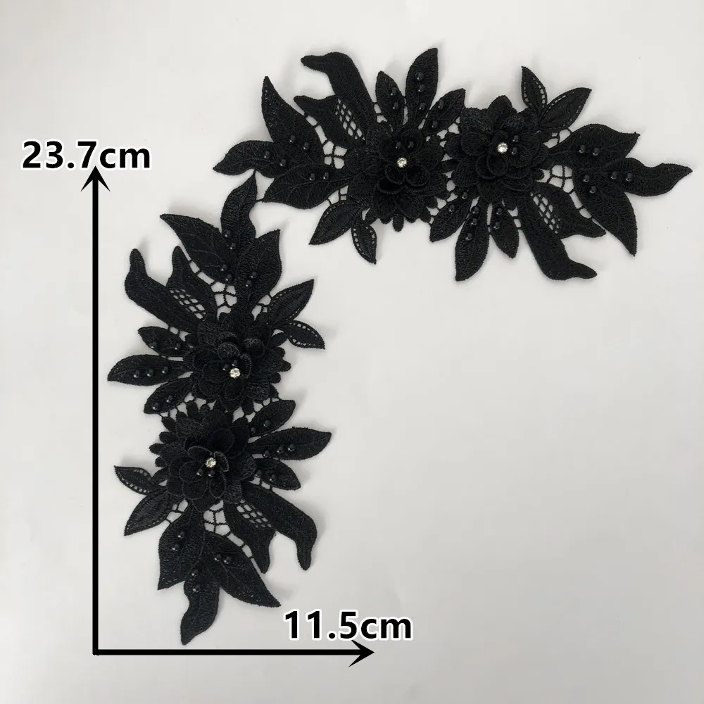 A pair of Polyester Flowers Hollow ABS pearl 3D Rhinestone Lace for Sewing Baby Hair Band Application Dress Embroidered Fabric