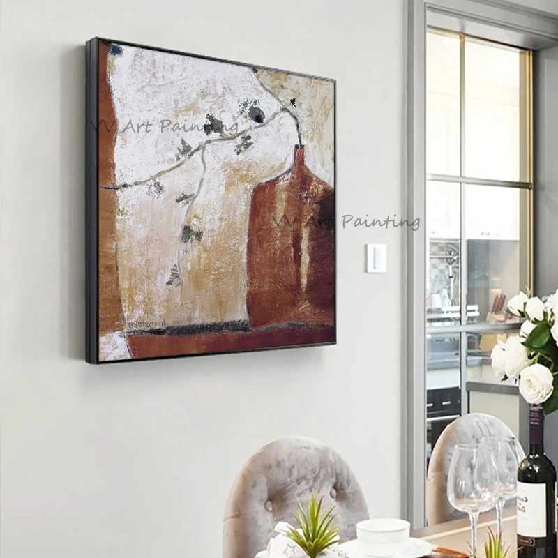 Earth Tone Vase Abstract Canvas Painting, 100% Handpainted Minimalist Graphic Art, Unframed Bedroom Wall Picture
