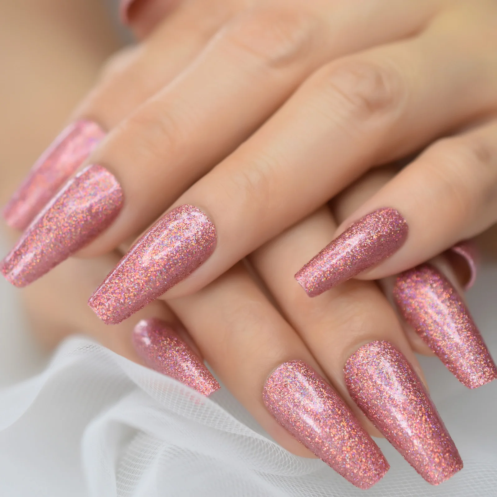 Holo Rose Roze Roos Glitter Ballerina Doodskist Valse Nail Fairy Laser Sequin Druk Op Ballet Nep Nagels Tip Herbruikbare Dragen voor Meisje