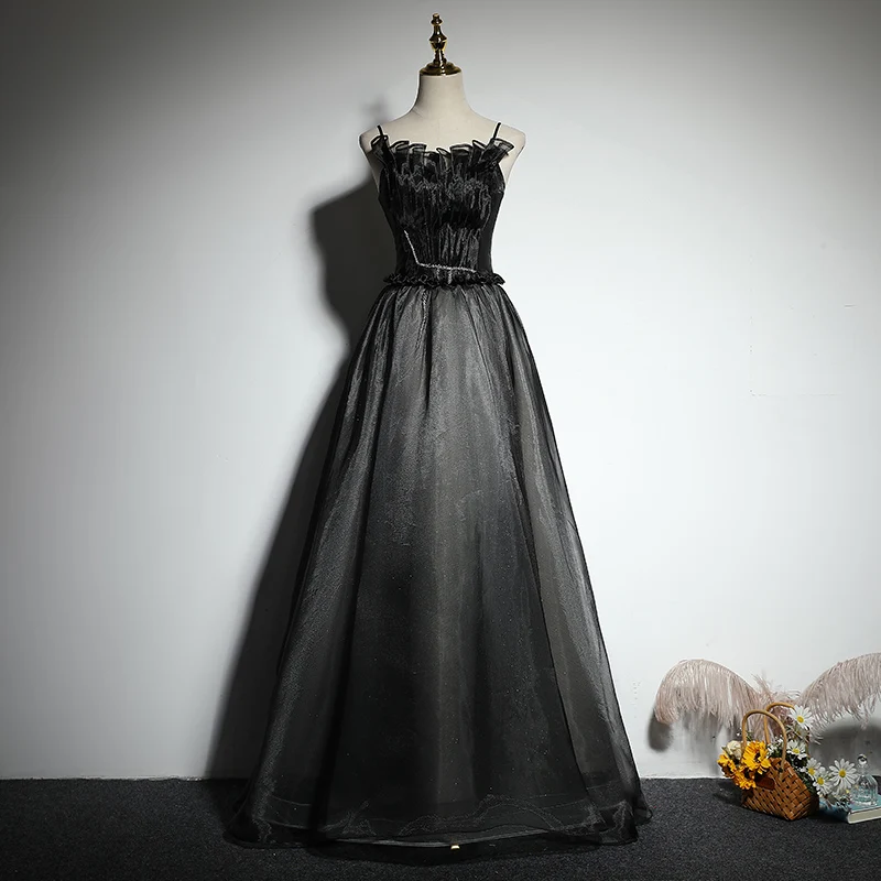 

Black Spaghetti Strap Evening Dress Strapless Fashion Backless A-Line Sleeveless Floor-Length Party Formal Dresses Woman B1073