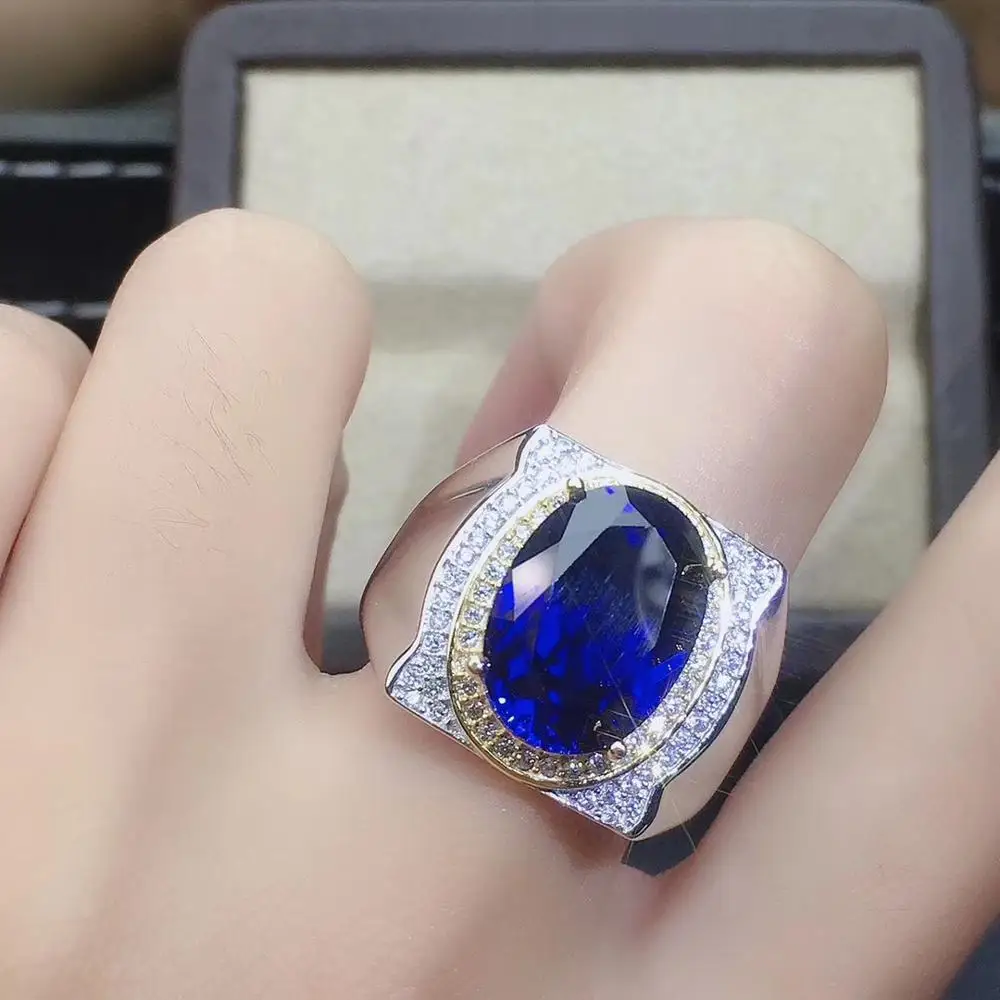 exquisite royal blue sapphire gemstone ring for men ring big gem good cut 925 sterling silver birthday gift big size 10x14mm