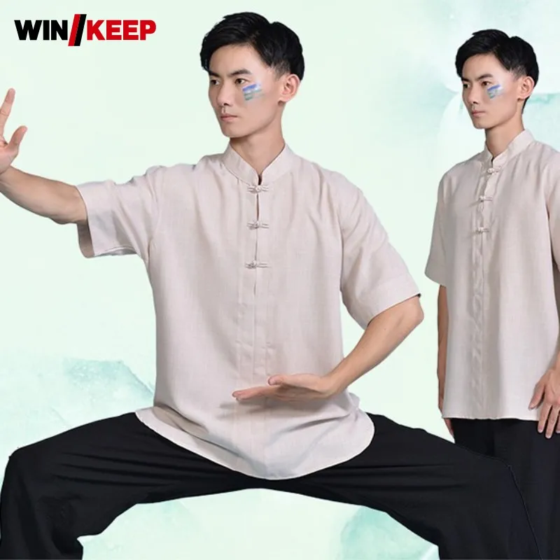 

Thin Unisex Short Sleeve Kung Fu Shirt Martial Arts Cotton Linen Solid Color Wing Chun Tops Shirts Stand Collar Tai Chi Shirt