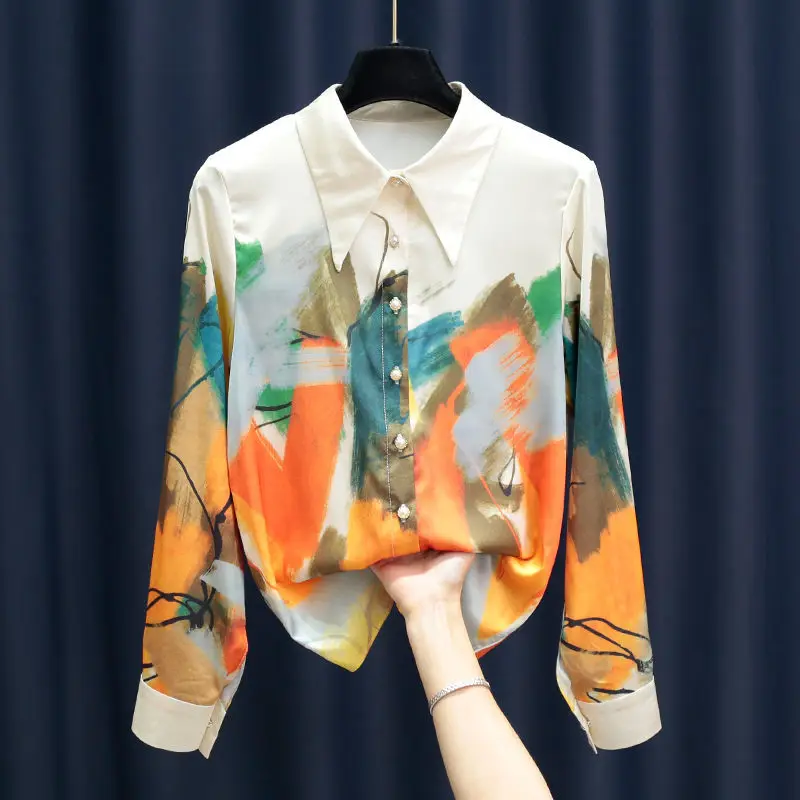 High Quality Blouse Women ins Design Chic Satin Long Sleeve All Match Summer Painting Print Top Shirt