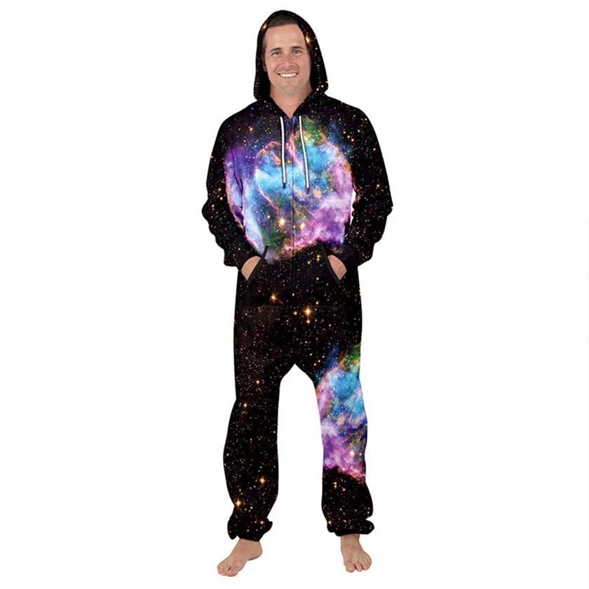 Kobiety piżamy Romper dorosłych 3D z kapturem drukowanie Onesie kombinezon Casual Star Zipper Playsuit jesień ciepłe kombinezony bielizna nocna