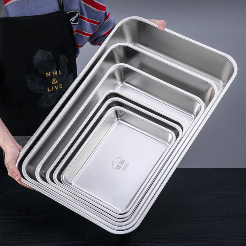 Durable 304 Stainless Steel Food Storage Tray Rectangle Pan Buffet Plates Cake Bread Bakeware Kitchen Organizer Dish