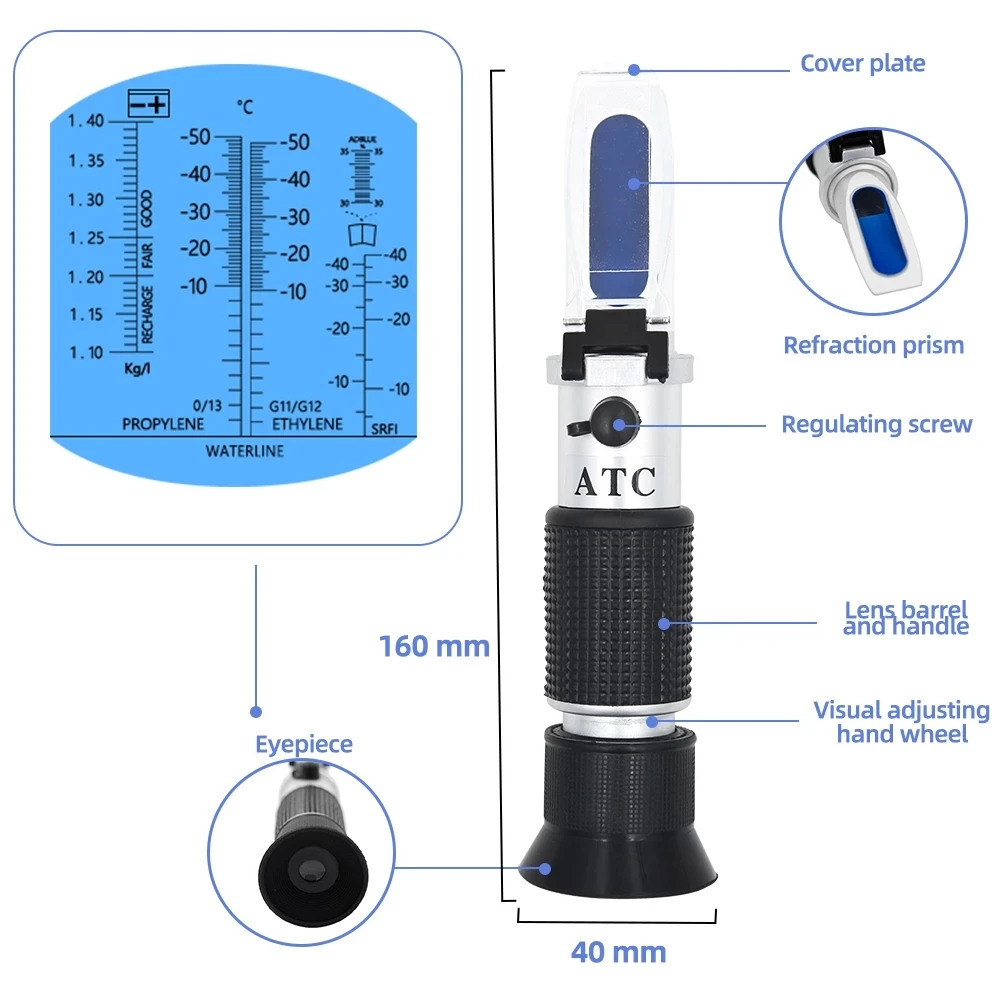 Imagem -04 - Veículo Anticongelante Concentração Medidor Hand Held Refractometer Ureia Tester Adblue Fluid Glicol Bateria Atc em 30 35