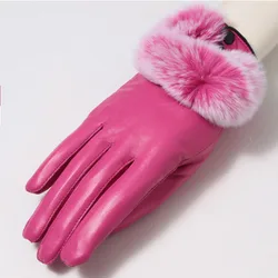 2024 Winter Warm Real Leather Glove With Rex Rabbit Fur Female Genuine Leather Gloves Women With Genuine Rabbit Fur Hand Wrist