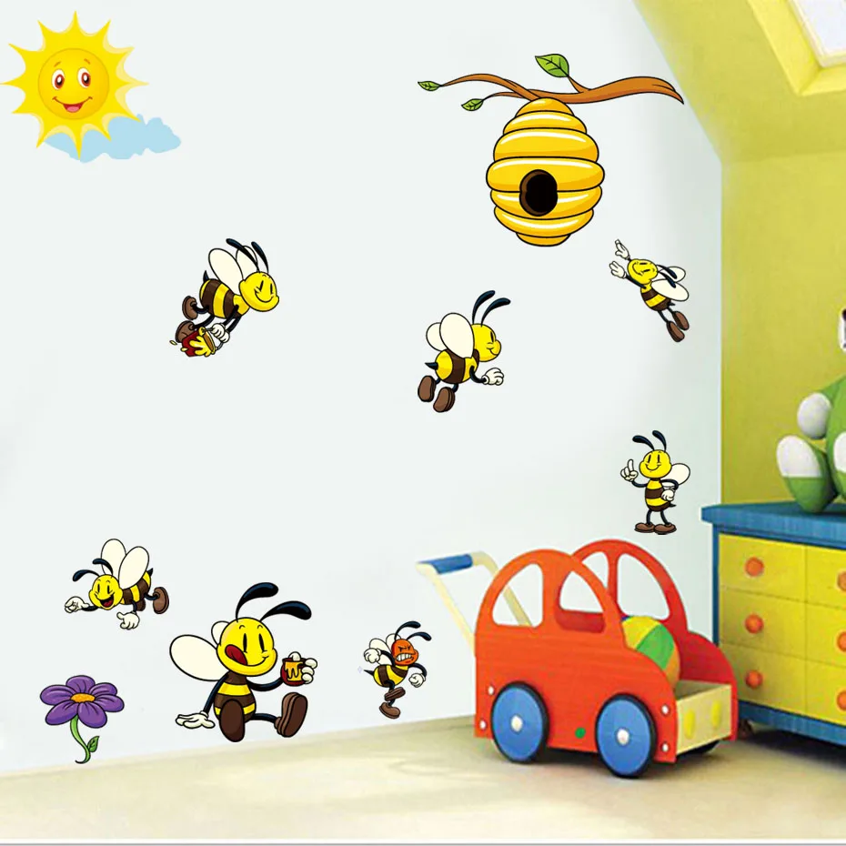 Cute Busy Bees Collecting Honey Wall Sticker Vinyl Decals for Nursery Baby Children kids Bedroom Living Room Mural Home Decor