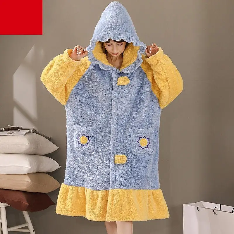 

Yellow Bathrobe Sleepwear Women Coral Fleece Robe Nightgown Loose Nightwear Casual Intimate Lingerie Winter New Home Dress