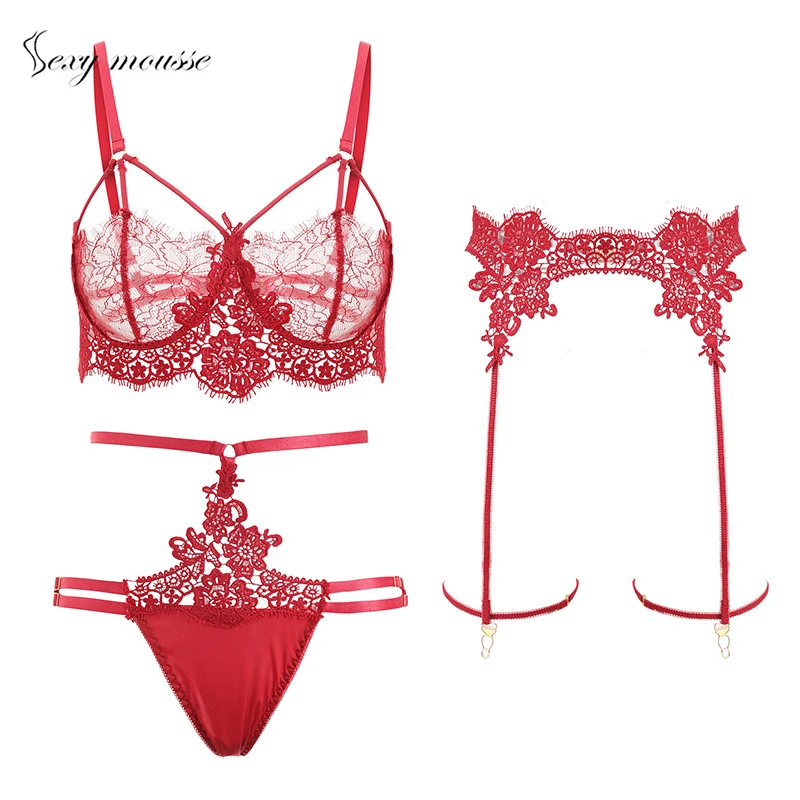 Sexy Mousse Bra And Panties Sets Garter Embroidery Lace Mesh Women Lingerie Sexy Seamless Unlined Adjustable Shoulder Strap