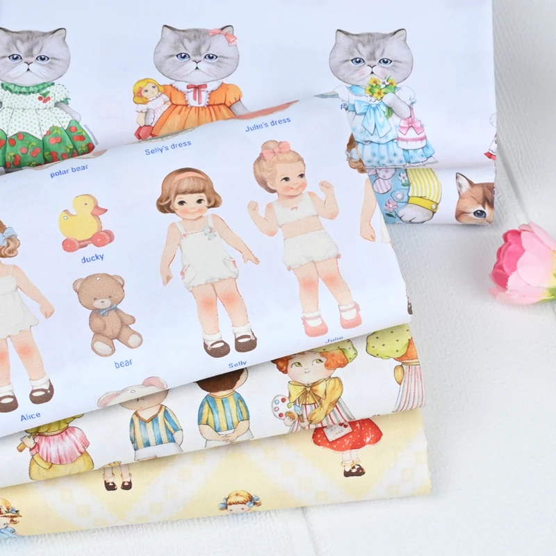 Retro Nostalgic Dress Up Girl Cat Cloth 100% Cotton Fabric Cloth Sewing Quilting For Patchwork Needlework DIY Handmade Material