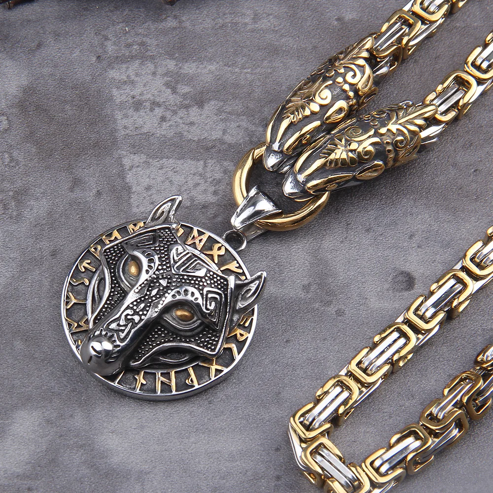 Aço inoxidável lobo cabeça nórdico viking amuleto, pingente de martelo thor, colar de corrente rei para homens, nunca se desvanece