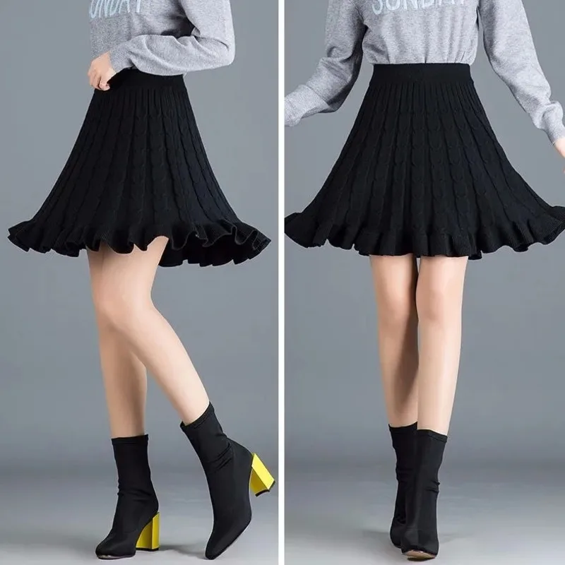 Black Sexy Mini Skirt Knitted Women Pleated Ruffle Kawaii Autumn  Elastic Waist Falda 90s Vintage Harajuku Japanese Style Skirts