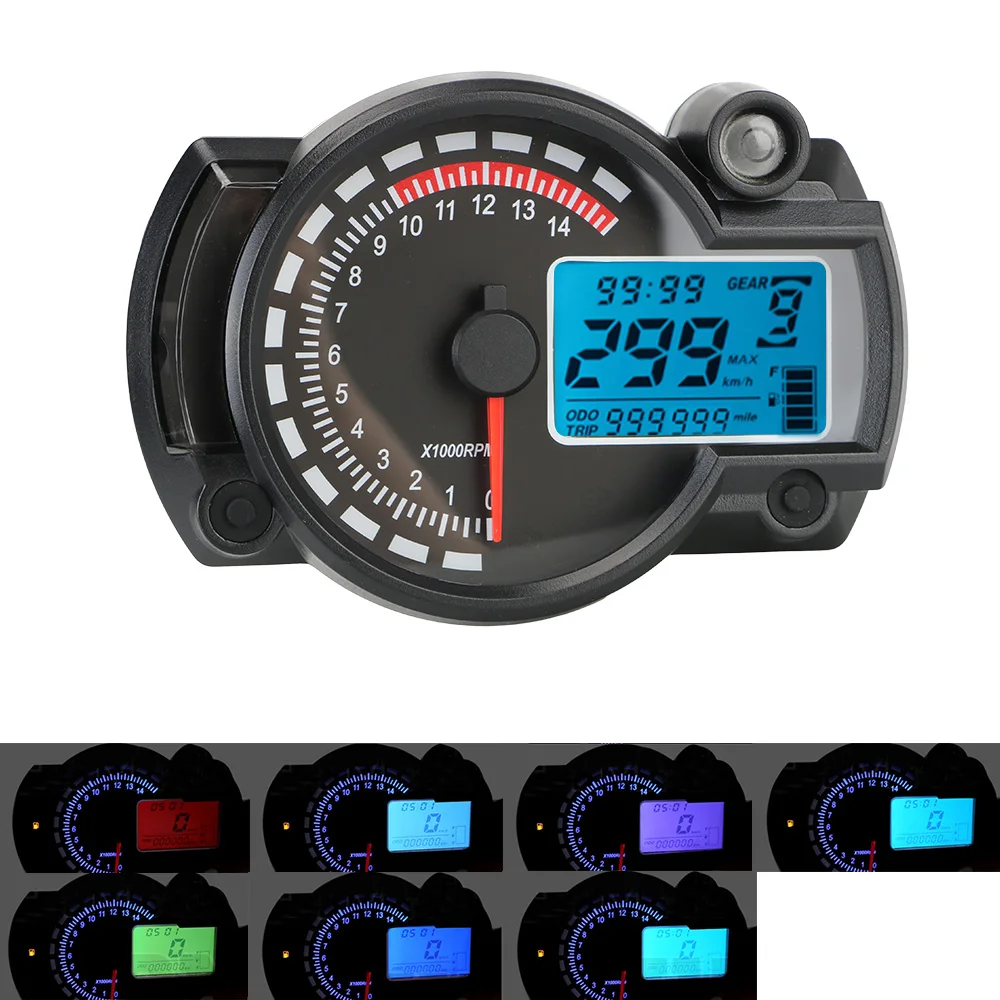 Max 299km/h 7 cores lcd digital odômetro velocímetro da motocicleta sujeira pit bike bitola moto dashboard meter acessórios