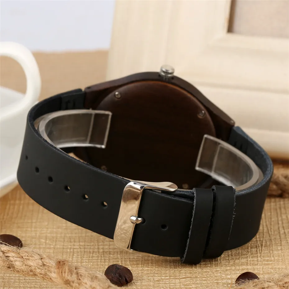 Stylish Black Wooden Watch Hollow Engraving Dial Quartz Men\'s Watch Genuine Leather Male Wrist Watch Wooden Timepiece Gift 2019