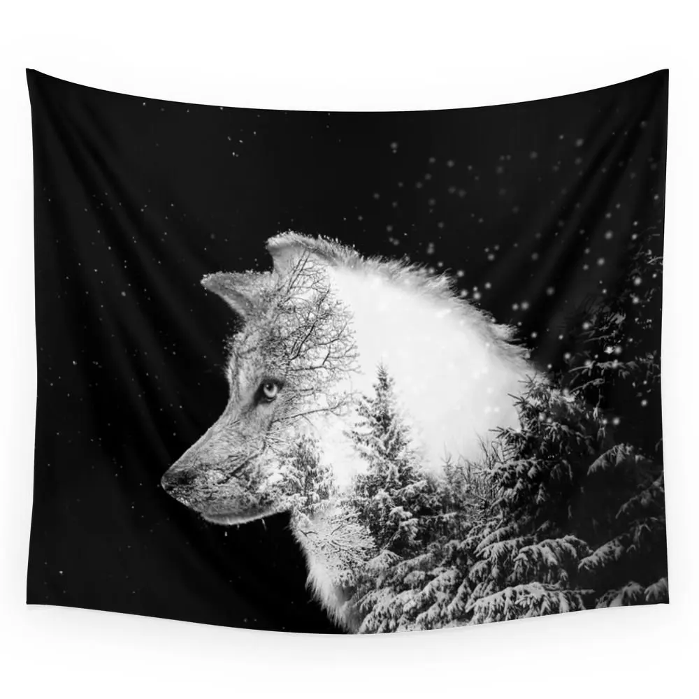 Winter Wolf Black White Tapestry Wall Hanging Polyester Home Bedroom Decor Bedspread Beach Mat Blanket Yoga Mat Dorm Decor