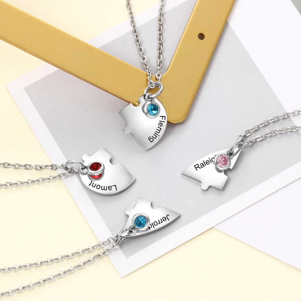 Personalized Stainless Steel Heart Shaped Friendship Necklace with Birthstone Customized Engrave Name BFF Necklace for 4 Friends