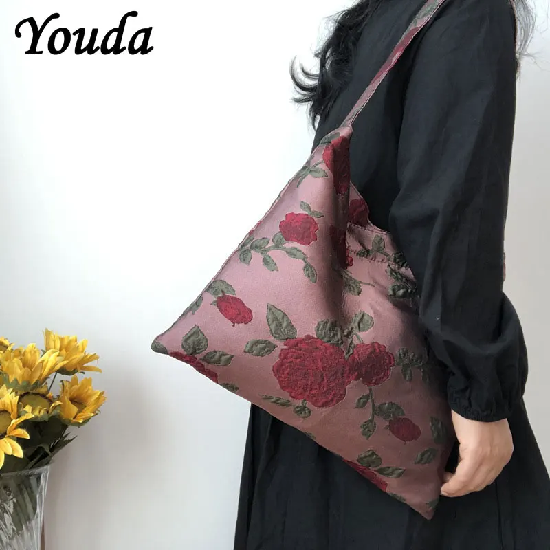 Youda New Woven Jacquard Shoulder Bag Retro Flower Rose Small Underarm Square Bag Women's Korean Ladies Book Shopping Handbag