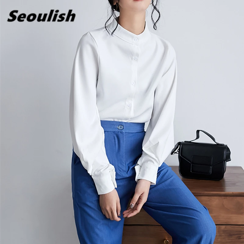 Seoulish Autumn Winter Lantern Sleeve White Blouse Long Sleeve Single Breasted Office Stand Collar Elegant Shirts Tops Female