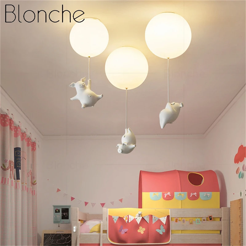 

Cartoon Flying Pig Led Pendant Lights Design Resin Acrylic BalloonFor Kids Bedroom Hallway Nursery Home Deco Lighting Fixtures