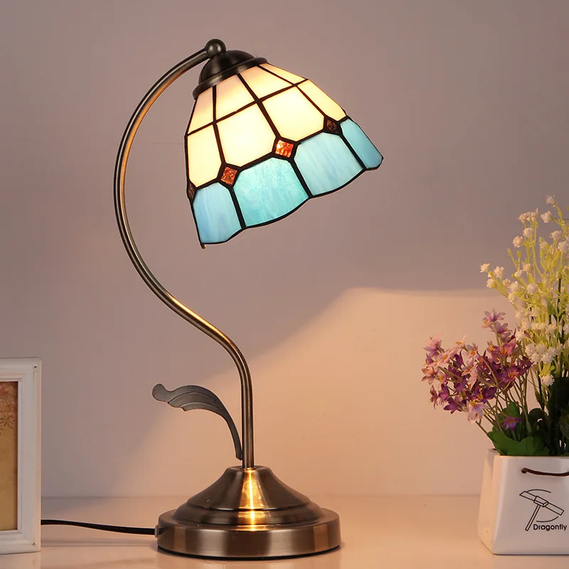 

Creative Mediterranean Table Lamp Bedroom Bedside Lamp Library Retro Mosaic Color Glass Decorative Table Lamp Stain Glass Lamps