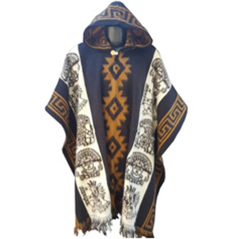 Autumn Winter Men Cape Adult Outdoor Shawl Knitted Vintage Ethnic Pattern Printed Poncho Windbreaker Ladies Hooded Cloak Jackets