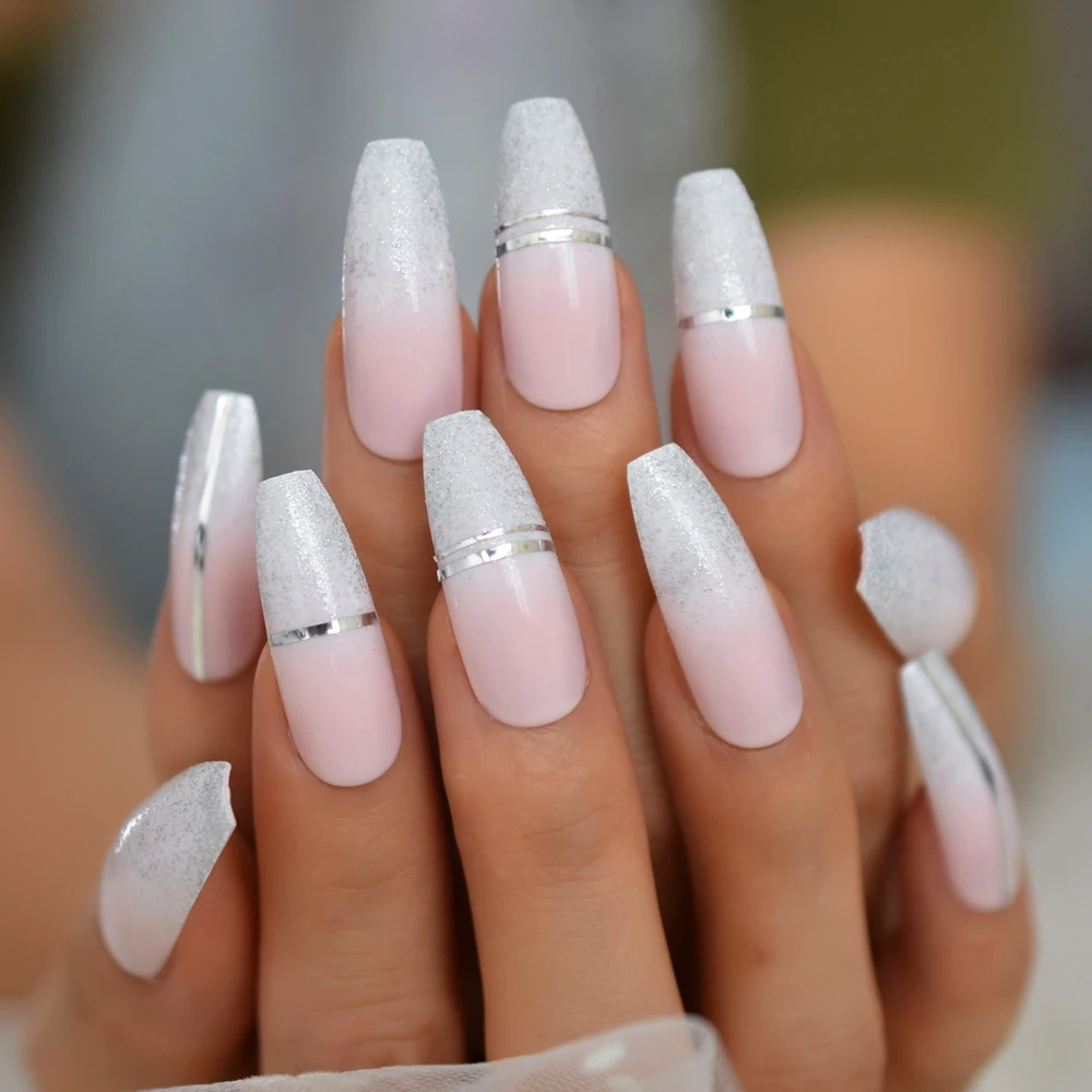 Glossy Baby Roze Ombre Franse Doodskist Druk Op Kunstnagels Extra Lange Zilveren Glitter Cross Line Gel Fake Vingers Ballet nail