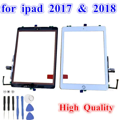 1 pz per iPad 5 2017 5th A1822 A1823 9.7 pollici 2018 6th Gen Touch Screen Digitizer Vetro con adesivo pulsante Home Flex Assembly