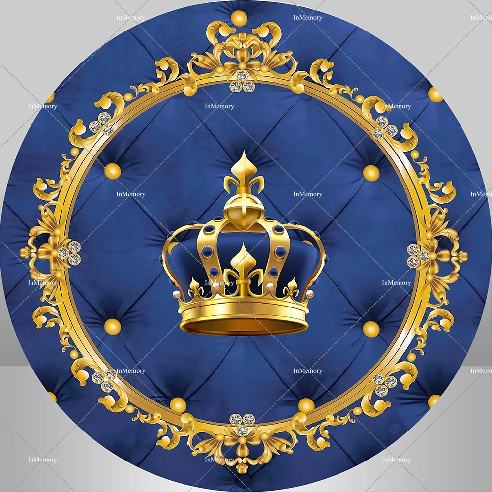 Royal Blue Prince Boy Birthday Circle Round Backdrop Cover Custom Gold Crown plinth cover Newborn Baby Shower Background