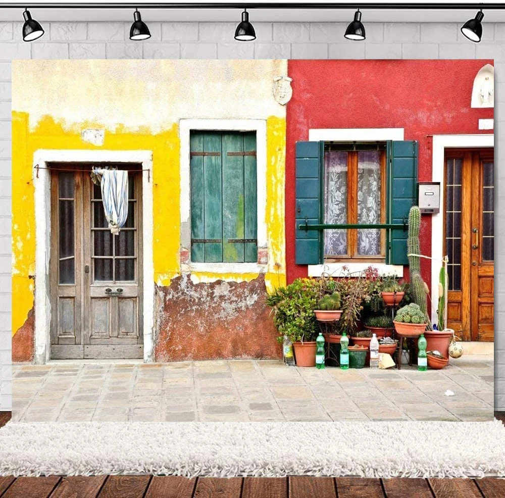 Italy Photography Backdrop Rustic Wooden Door Background Colorful House Wall Stone Path European Old Town Summer Vacation