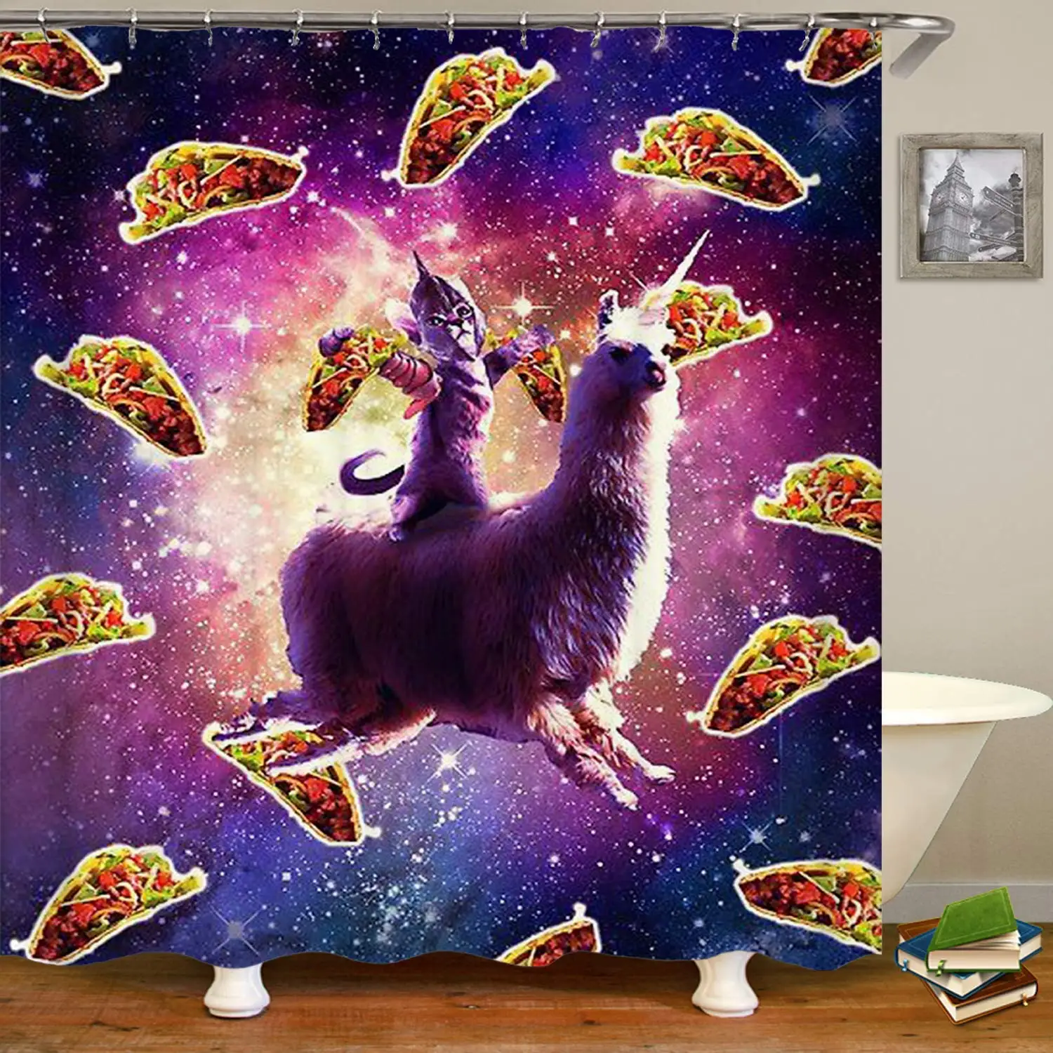 Cat Ride Llama with Taco in Galaxy Shower Curtain Bathroom Decorations