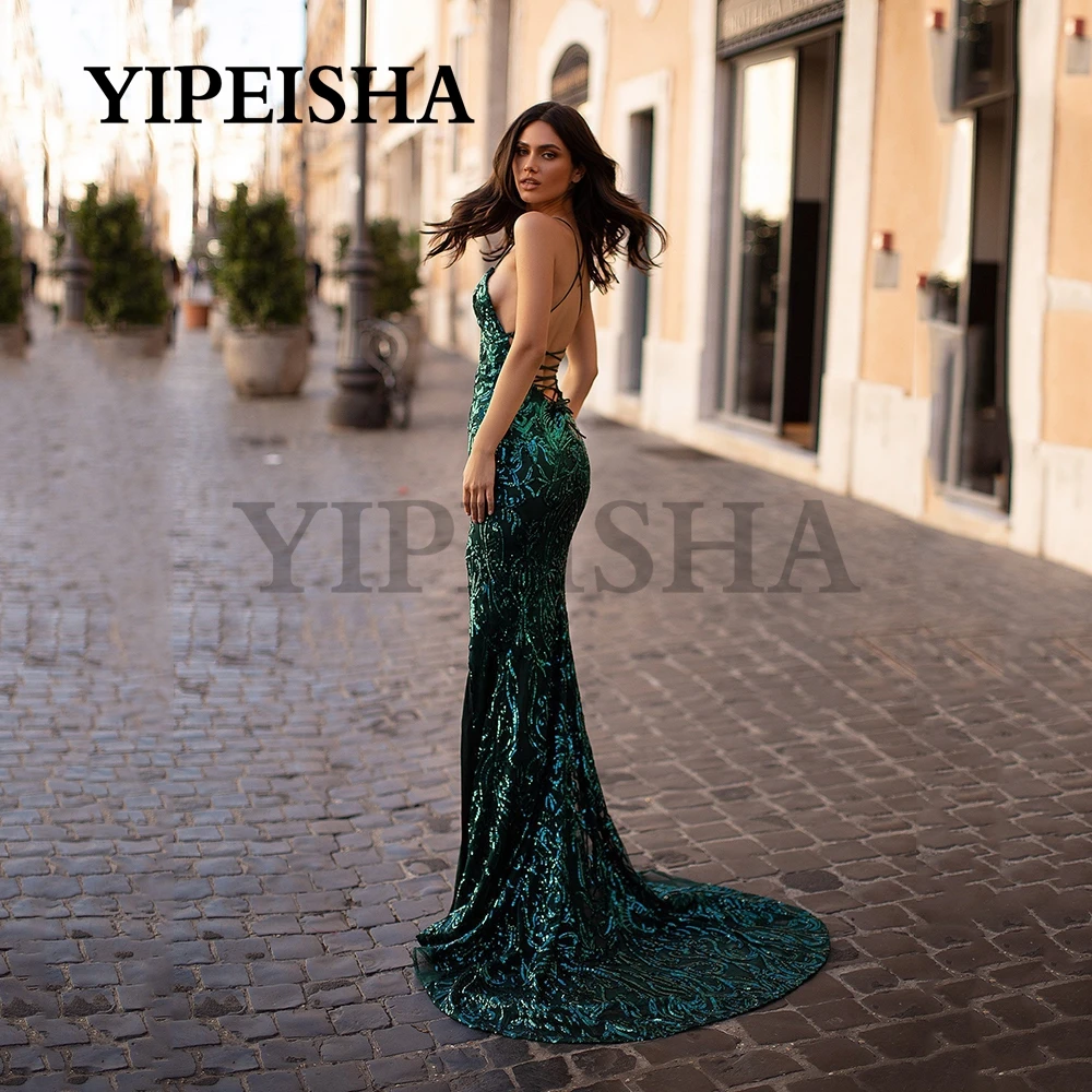 Vestidos De Noche con abertura alta, sexys, personalizados, con cuello en V, sin espalda, lentejuelas brillantes, tirantes finos, vestido De graduación, Vestidos De Fiesta