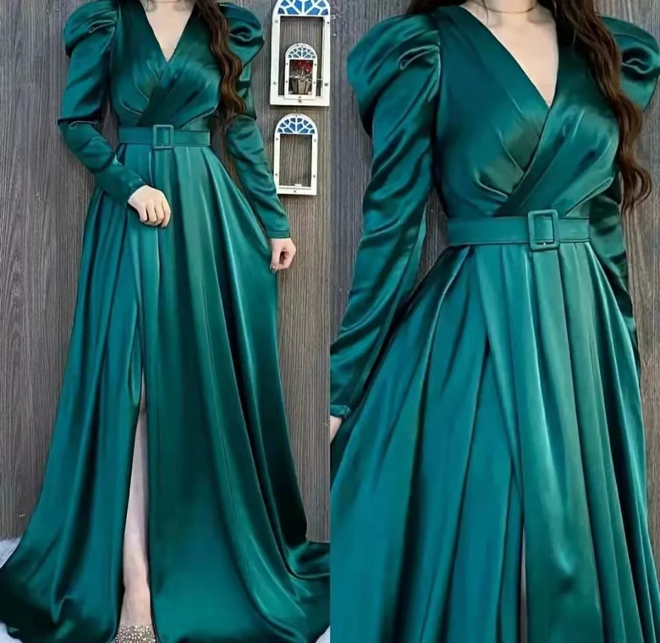 

Saudi Arabia High-quality satin Prom Dresses V Neck Full Sleeves Evening Gowns Customize A-line High Slit Dubai فساتين السهرة