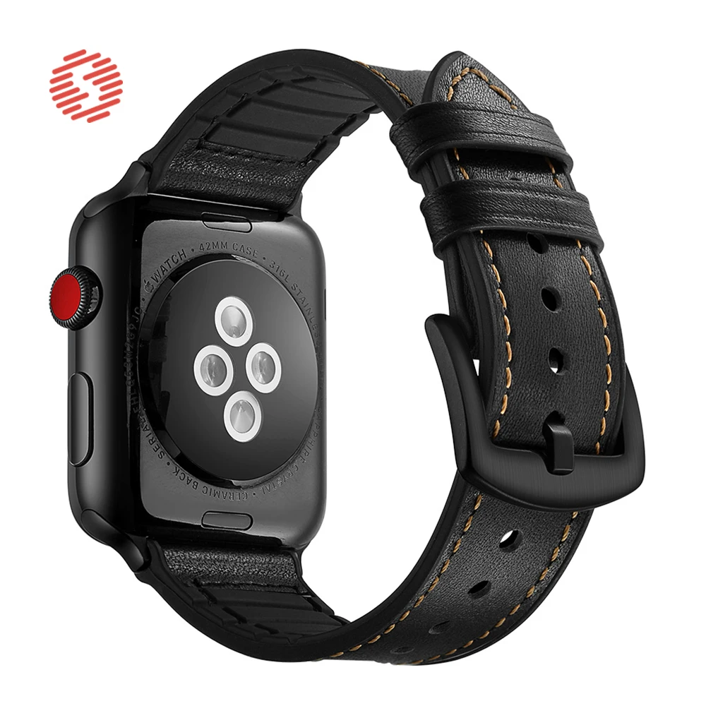 Shengone pulseira de couro e silicone macio para apple watch, da moda para apple watch séries 5 4 40 44mm, pulseira de substituição para relógio 3 2 1 38 42mm