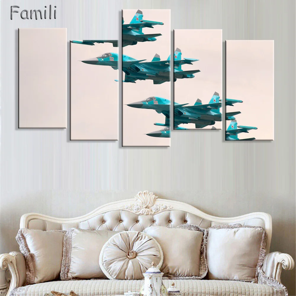 5Pieces/set  Modern Printed Fighter Aircraft Canvas Painting Combat Aircraft Wall Picture Art For Living Room Unframed