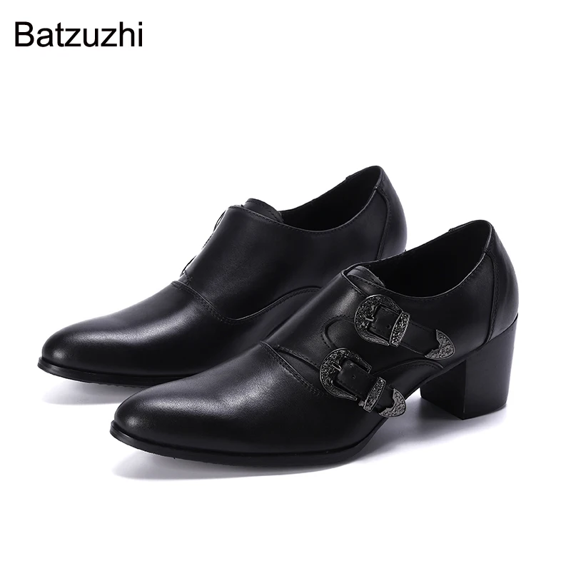 

Batzuzhi Men Shoes Pointed Toe Black Genuine Leather Dress Shoes Men 7.5 Heels High Buckles Men Dress Shoes Leather Party Shoes