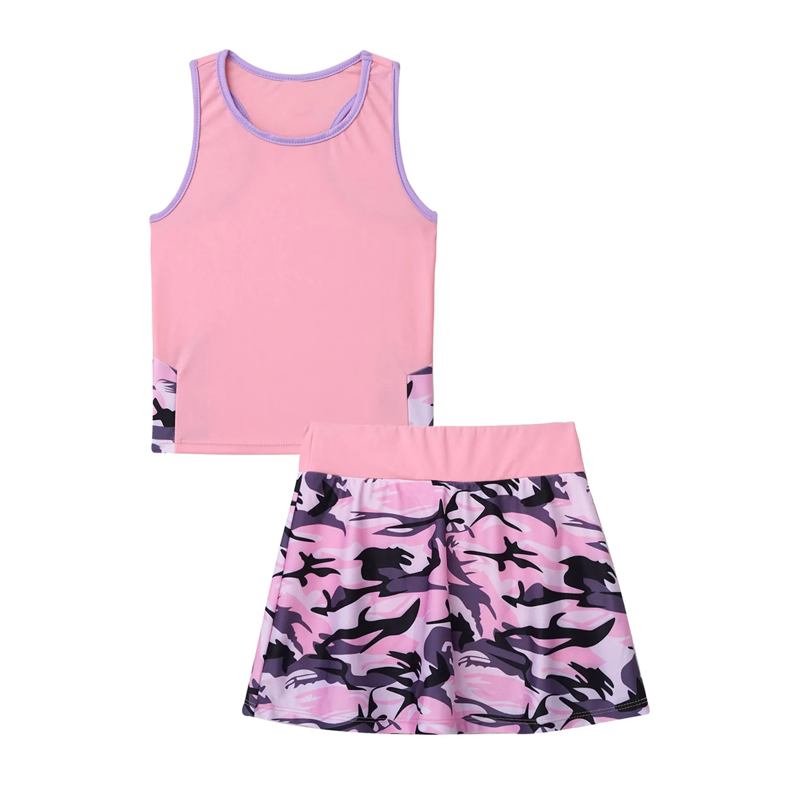 2Pcs Kids Girls Tennis Golf Dress Outfit Sleeveless Racer Back T-shirt and Built-in Shorts Skirts Set for Running Gym Sportswear