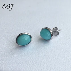 CSJ Natural Amazonite Stud Earrings 925 Sterling Silver Fine Jewelry Women Femm Lady Wedding Engagment Party