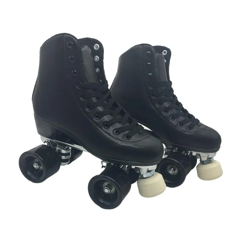 Roller Wheel Roller Skate Quad 4 Wheels Skate Shoes 2 Row Adult Black 4 Wheels Pu Leather Roller Skates Skating Shoes Patines