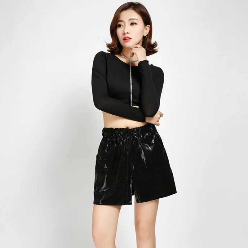 New Women Modis A-Line Elastic Above Knee Skirts Sheepskin Genuine Leather Embossing Pockets Plus Size Party Club Faldas Mujer