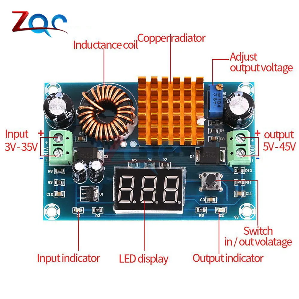 DC 3V-35V to DC 5V-45V Boost Module Digital Voltmeter DC-DC Step Up Module Boost Converter Board 5A Power Adjustable for Voltage