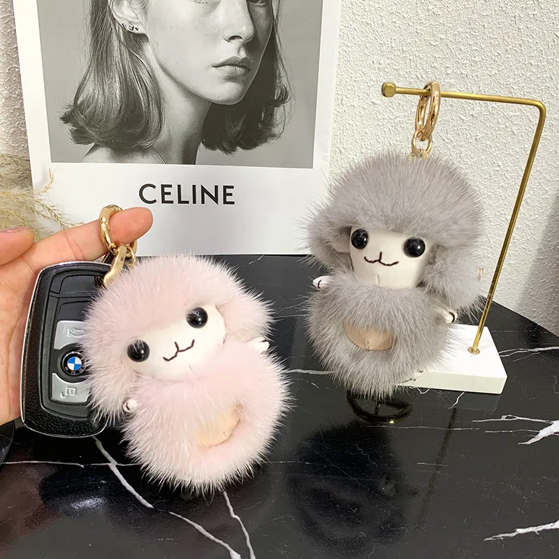 Natural Cute Real Mink Fur Sheep Toy Keyring Pompom Bag charm ornaments Car Phone Pendant Keychain Gift