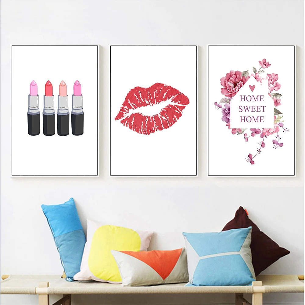 Fashion Wall Art Flower Lips Poster Nordic Print Kiss Makeup Canvas Painting Woman Pictures Living Room Modern Home Decoration