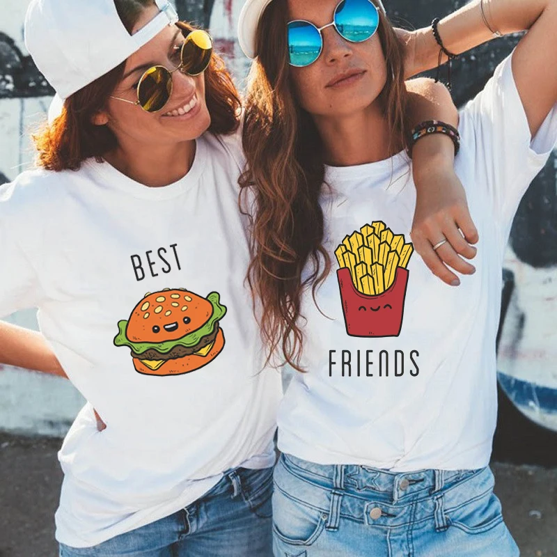 Best Friends Tshirt Women Funny French Fries Hamburger Print T Shirts 90s Cute Top Bff Sister White T-Shirt Femme Graphic Tees