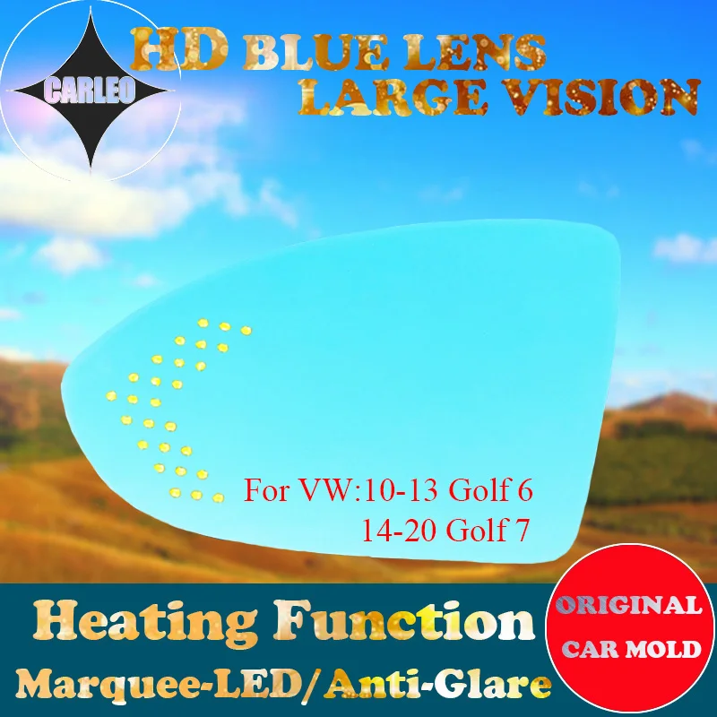 1 Pair Car Side View Mirror Lens for VW Golf 6/7 20110-2020 Blue Glass HD Large view With Heating Blind Spot Warning Marquee LED