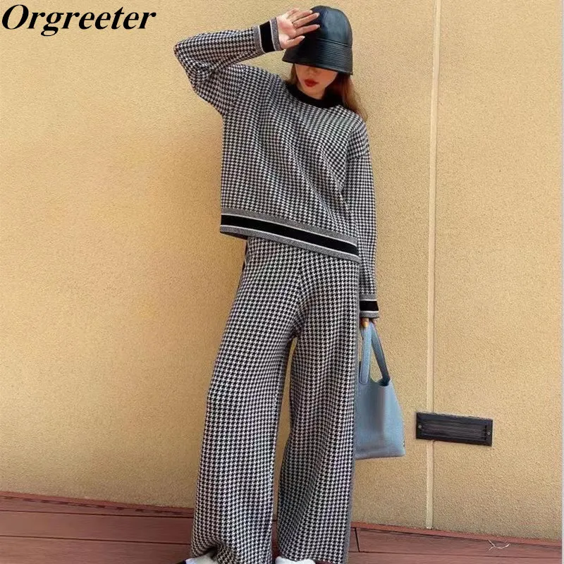 

Runway Designer Classic Houndstooth Knitted Trousers Suit Female Autumn New Pullover Sweater + Pant Suits Casual Tracksuit Women