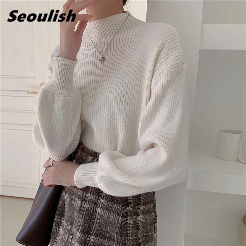 

Seoulish 2021 New Autumn Winter Women's Pullovers Vintage Lantern Sleeve Casual Mock Neck Knitting Sweaters Knitwear Tops Female